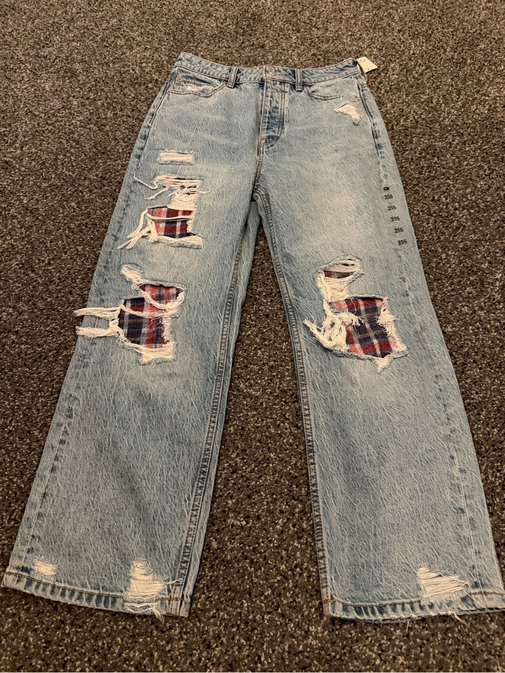 We The Free Light Blue Distressed Wide-Leg Jeans with Red Plaid Patches